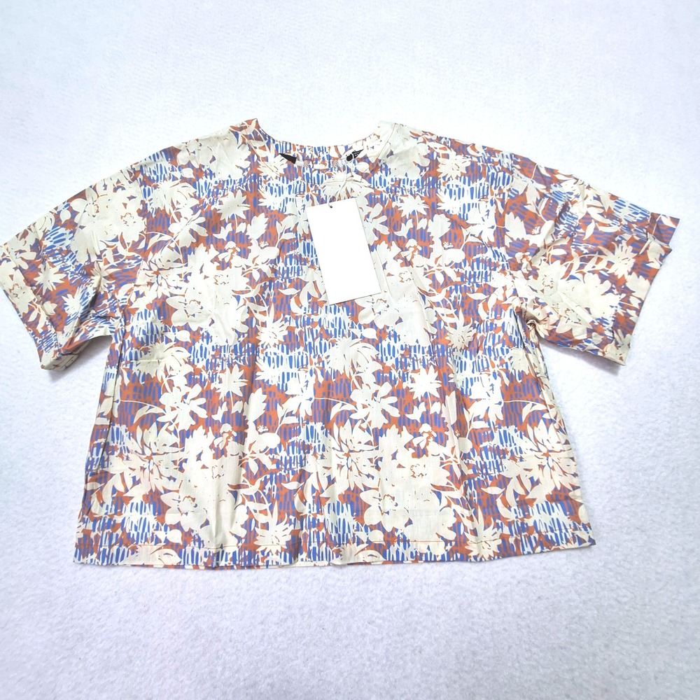 Wildfang Essential Boxy Top Womens Small Blue‎ Tan Floral Abstract WN7800 NEW